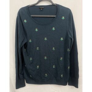 Talbots Pullover Sweater Owl Jewel Embellished‎ Crew Neck Green Size L *FLAW